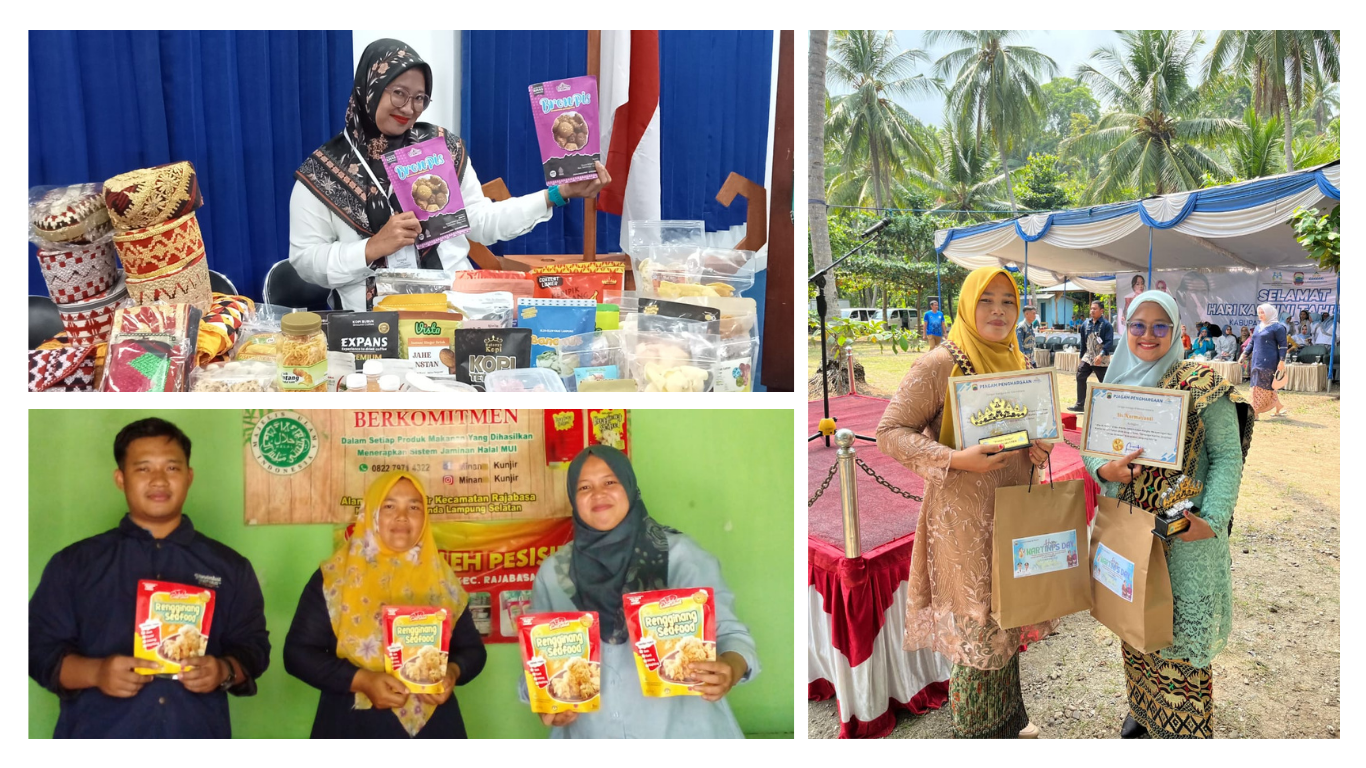 Kolase foto kegiatan UMKM di Lampung Selatan, menampilkan pameran produk camilan lokal, tim produksi kerupuk rengginang, dan pemberian penghargaan kepada pelaku usaha wanita dalam acara Hari Kartini.