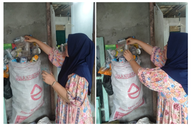 Seorang ibu tampak sedang mengumpulkan botol bekas dalam satu karung